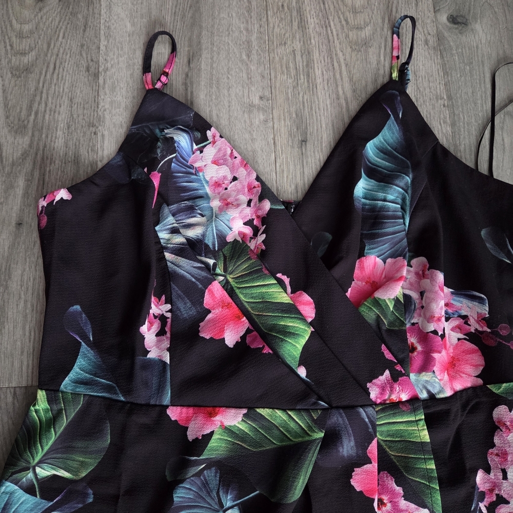 Nwt Apricot Black Tropical Floral Spaghetti Strap Midi Dress Front Slit Summer - Picture 9 of 10